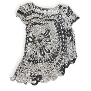Boho Crochet Top‎ Women's Silver Black Sparkle Short Sleeve Festival XS/S